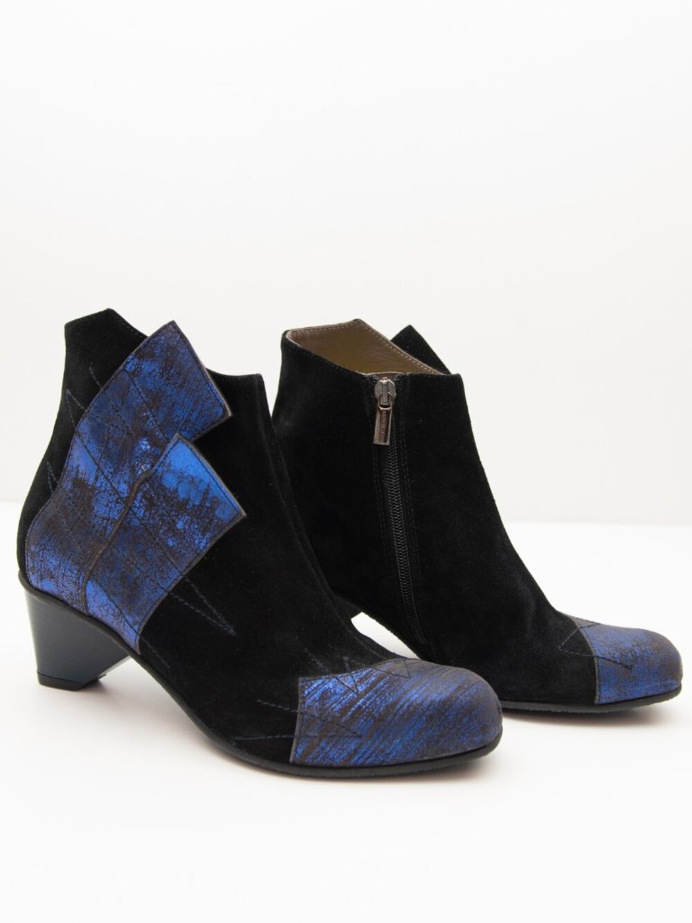 Lisa Tucci Ankle Boots Suede Color Block Heel Leather Black Blue Size 37